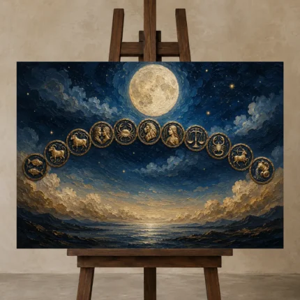 Moonlit Zodiac Arc Zodiac Wall Art Canvas Print displayed on a studio easel