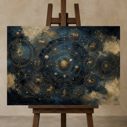 Orbital Star Map Zodiac Wall Art Canvas Print displayed on a studio easel