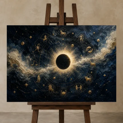 Solar Eclipse Zodiac Wall Art Canvas Print displayed on a studio easel