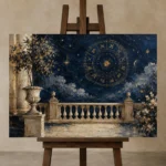 Moonlit Terrace Zodiac Wall Art Canvas Print displayed on a studio easel
