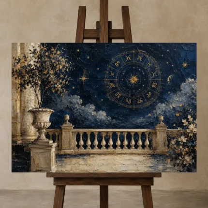 Moonlit Terrace Zodiac Wall Art Canvas Print displayed on a studio easel