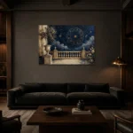 Moonlit Terrace Zodiac Wall Art Canvas Print shown in a warm modern interior