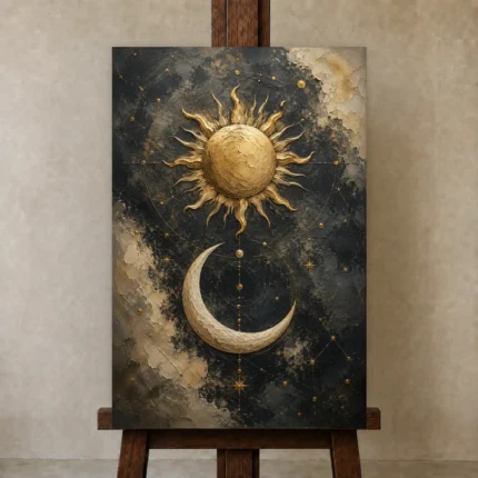 Golden Sun and Crescent Moon Sun and Moon Wall Art Canvas Print shown in Studio Easel