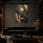 Golden Sun and Crescent Moon Sun and Moon Wall Art Canvas Print shown in a warm modern interior