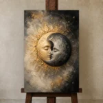 Celestial Eclipse Sun and Moon Wall Art Canvas Print displayed on a studio easel
