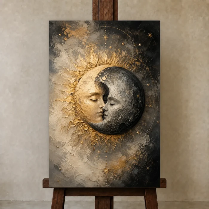 Celestial Eclipse Sun and Moon Wall Art Canvas Print displayed on a studio easel