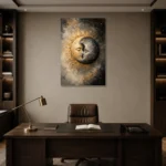 Celestial Eclipse Sun and Moon Wall Art Canvas Print displayed in a contemporary gallery-inspired room