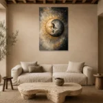 Celestial Eclipse Sun and Moon Wall Art Canvas Print presented in a sophisticated home setting