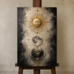 Golden Celestial Alignment Sun and Moon Wall Art Canvas Print displayed on a studio easel