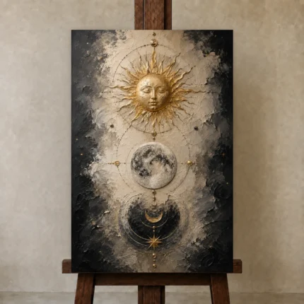 Golden Celestial Alignment Sun and Moon Wall Art Canvas Print shown in Studio Easel