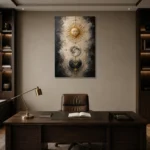 Golden Celestial Alignment Sun and Moon Wall Art Canvas Print displayed in a contemporary gallery-inspired room