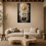 Golden Celestial Alignment Sun and Moon Wall Art Canvas Print presented in a sophisticated home setting