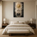 Golden Celestial Alignment Sun and Moon Wall Art Canvas Print showcased in an elegant minimalist interior