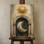Day and Night Eclipse Sun and Moon Wall Art Canvas Print displayed on a studio easel