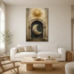 Day and Night Eclipse Sun and Moon Wall Art Canvas Print styled in a refined neutral interior