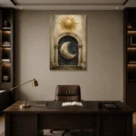 Day and Night Eclipse Sun and Moon Wall Art Canvas Print displayed in a contemporary gallery-inspired room