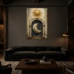 Day and Night Eclipse Sun and Moon Wall Art Canvas Print shown in a warm modern interior