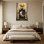 Day and Night Eclipse Sun and Moon Wall Art Canvas Print showcased in an elegant minimalist interior