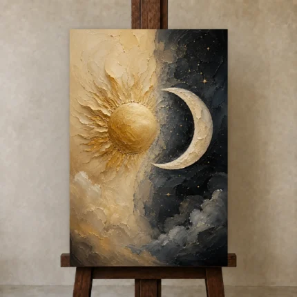 Classical Celestial Arch Sun and Moon Wall Art Canvas Print shown in Studio Easel