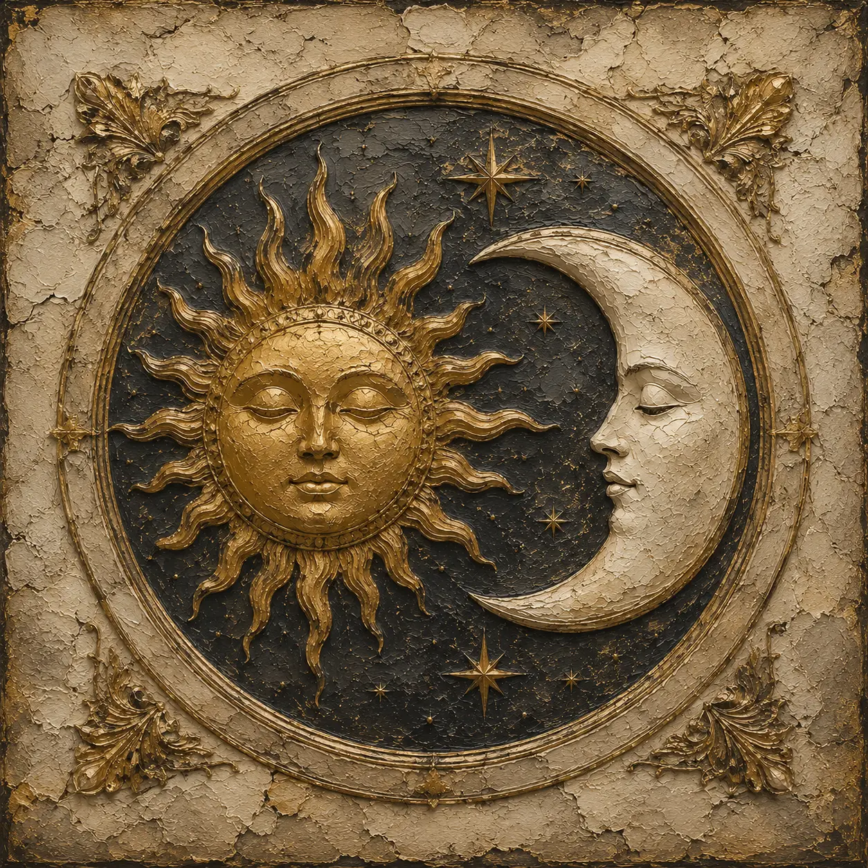 Golden Sun and Crescent Moon Sun and Moon Wall Art Canvas Print