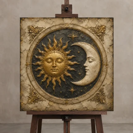 Golden Sun and Crescent Moon Sun and Moon Wall Art Canvas Print shown in Studio Easel