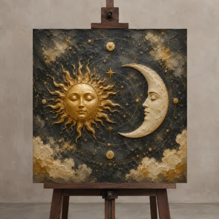 Ornate Celestial Medallion Sun and Moon Wall Art Canvas Print displayed on a studio easel