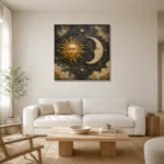 Ornate Celestial Medallion Sun and Moon Wall Art Canvas Print styled in a refined neutral interior