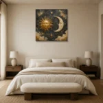 Ornate Celestial Medallion Sun and Moon Wall Art Canvas Print showcased in an elegant minimalist interior