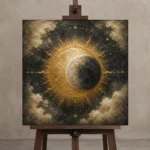 Solar Eclipse Sun and Moon Wall Art Canvas Print displayed on a studio easel