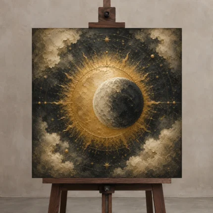 Solar Eclipse Sun and Moon Wall Art Canvas Print displayed on a studio easel