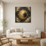 Solar Eclipse Sun and Moon Wall Art Canvas Print styled in a refined neutral interior