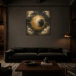 Solar Eclipse Sun and Moon Wall Art Canvas Print shown in a warm modern interior