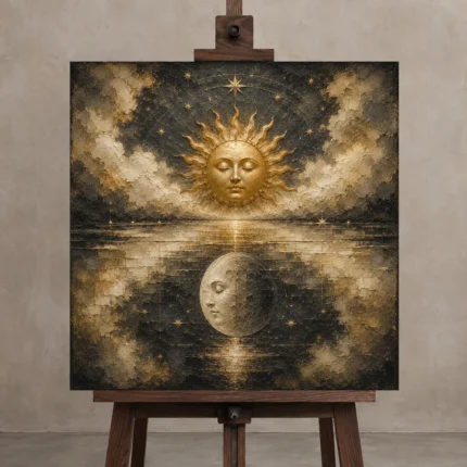 Celestial Reflection Sun and Moon Wall Art Canvas Print shown in Studio Easel