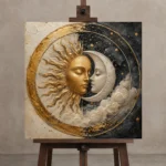 Celestial Embrace Sun and Moon Wall Art Canvas Print displayed on a studio easel