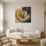 Celestial Embrace Sun and Moon Wall Art Canvas Print styled in a refined neutral interior