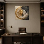 Celestial Embrace Sun and Moon Wall Art Canvas Print displayed in a contemporary gallery-inspired room