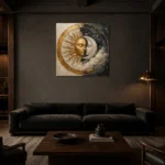 Celestial Embrace Sun and Moon Wall Art Canvas Print shown in a warm modern interior
