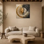 Celestial Embrace Sun and Moon Wall Art Canvas Print presented in a sophisticated home setting