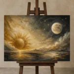 Celestial Horizon Sun and Moon Wall Art Canvas Print displayed on a studio easel