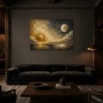Celestial Horizon Sun and Moon Wall Art Canvas Print shown in a warm modern interior
