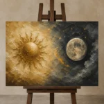 Solar Lunar Balance Sun and Moon Wall Art Canvas Print displayed on a studio easel