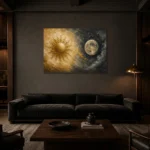 Solar Lunar Balance Sun and Moon Wall Art Canvas Print shown in a warm modern interior