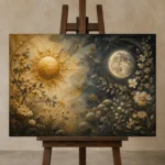 Celestial Garden Sun and Moon Wall Art Canvas Print displayed on a studio easel