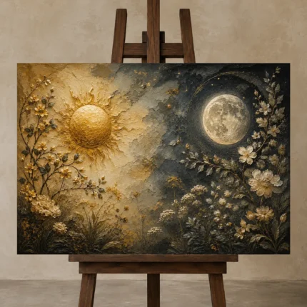 Celestial Garden Sun and Moon Wall Art Canvas Print shown in Studio Easel