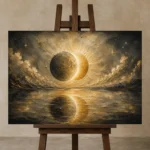 Eclipse Reflection Sun and Moon Wall Art Canvas Print displayed on a studio easel