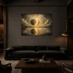 Eclipse Reflection Sun and Moon Wall Art Canvas Print shown in a warm modern interior
