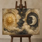 Twin Arch Celestial Sun and Moon Wall Art Canvas Print displayed on a studio easel