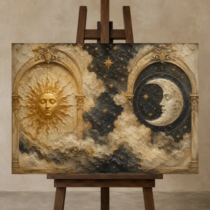 Twin Arch Celestial Sun and Moon Wall Art Canvas Print displayed on a studio easel