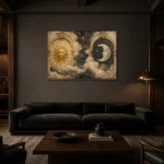 Twin Arch Celestial Sun and Moon Wall Art Canvas Print shown in a warm modern interior