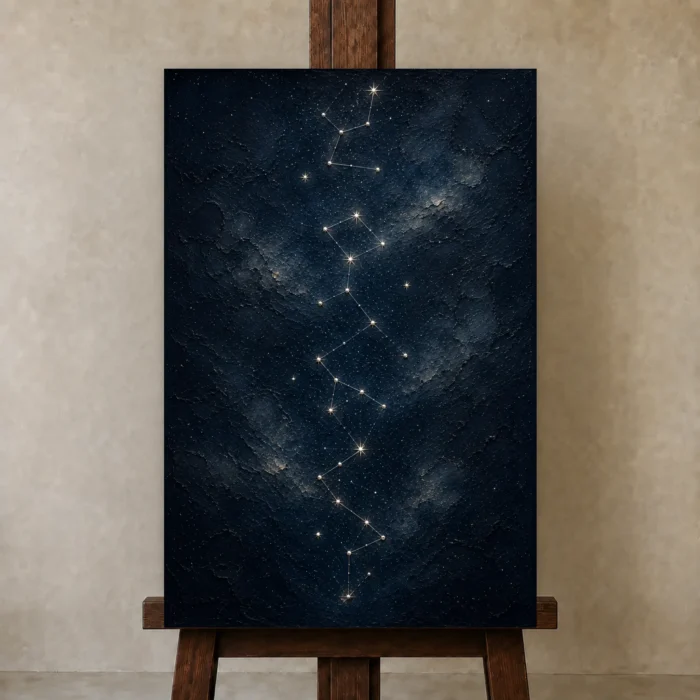 Midnight Celestial Path Constellation Wall Art Canvas Print displayed on a studio easel